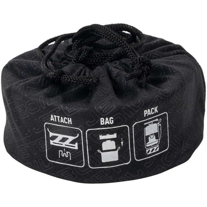 Black drawstring bag with white text and icons on a white background