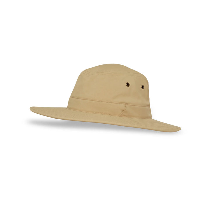 A beige wide-brimmed safari hat with two ventilation eyelets on the crown, shown from a three-quarters angle on a white background with a soft shadow.
