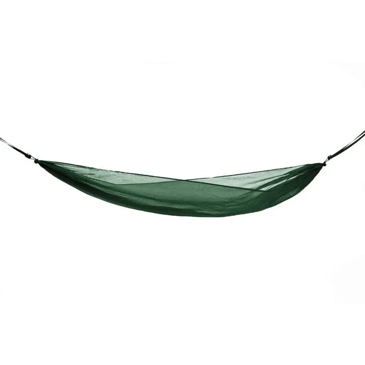Dark green hammock with straps on both ends on a white background. 