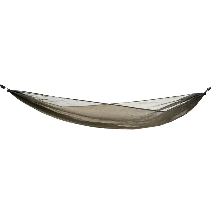 A dark olive green mesh camping hammock suspended horizontally against a solid white background.