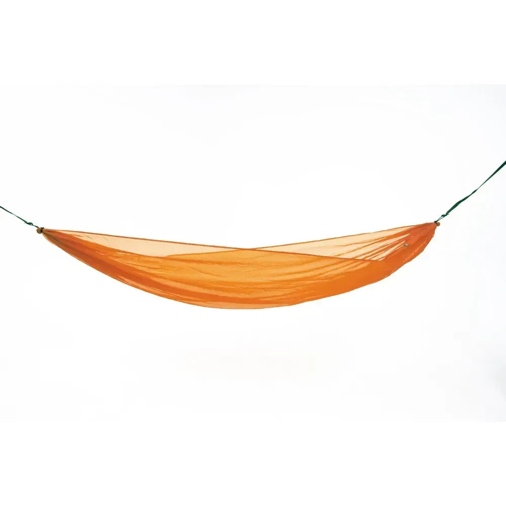 Orange hammock with straps attached to both ends on a white background. 