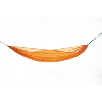 Orange hammock with straps attached to both ends on a white background. 