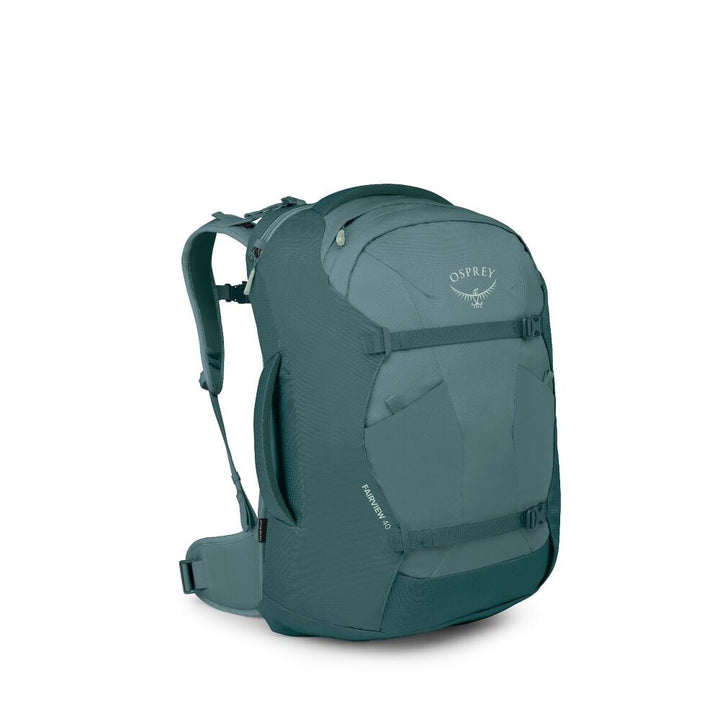 Green blue Osprey backpack on a white background