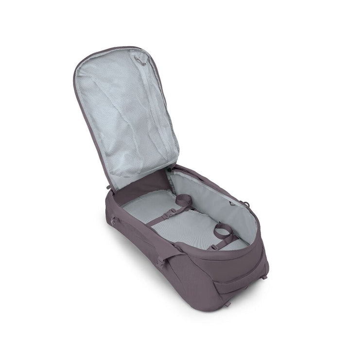 Purple backpack with open front zip on a white background