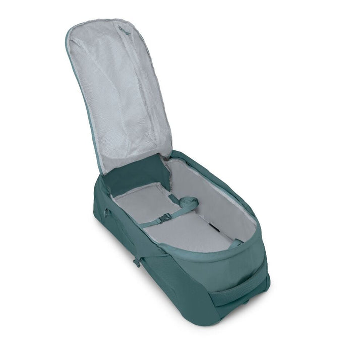 Teal backpack with open front zip on white background