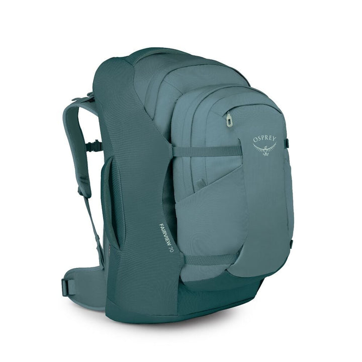 Teal backpack with Osprey logo on white background
