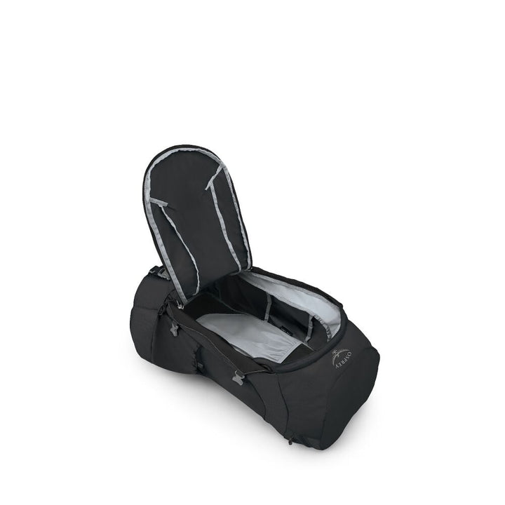 Black hiking pack with front opening on a white background