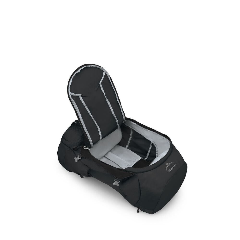 Black backpack with open front zip