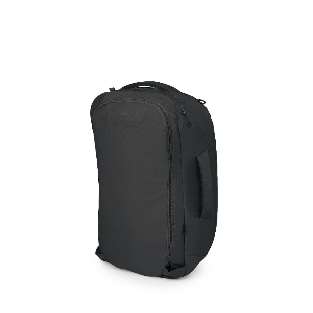 Black backpack with covered straps on a white background