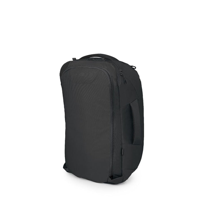 Black backpack with covered straps on a white background