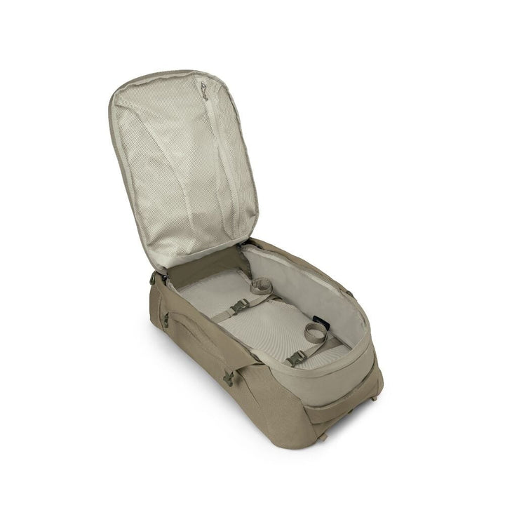 Tan backpack with open front zip on white background