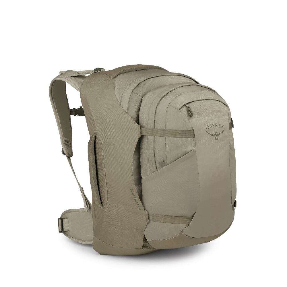 Tan backpack on a white background