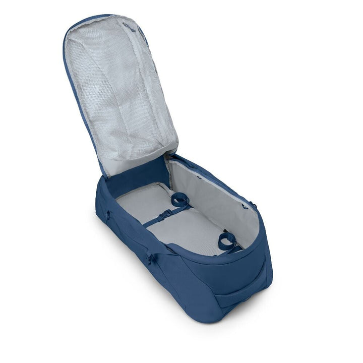 Blue backpack with open front zip on a white background