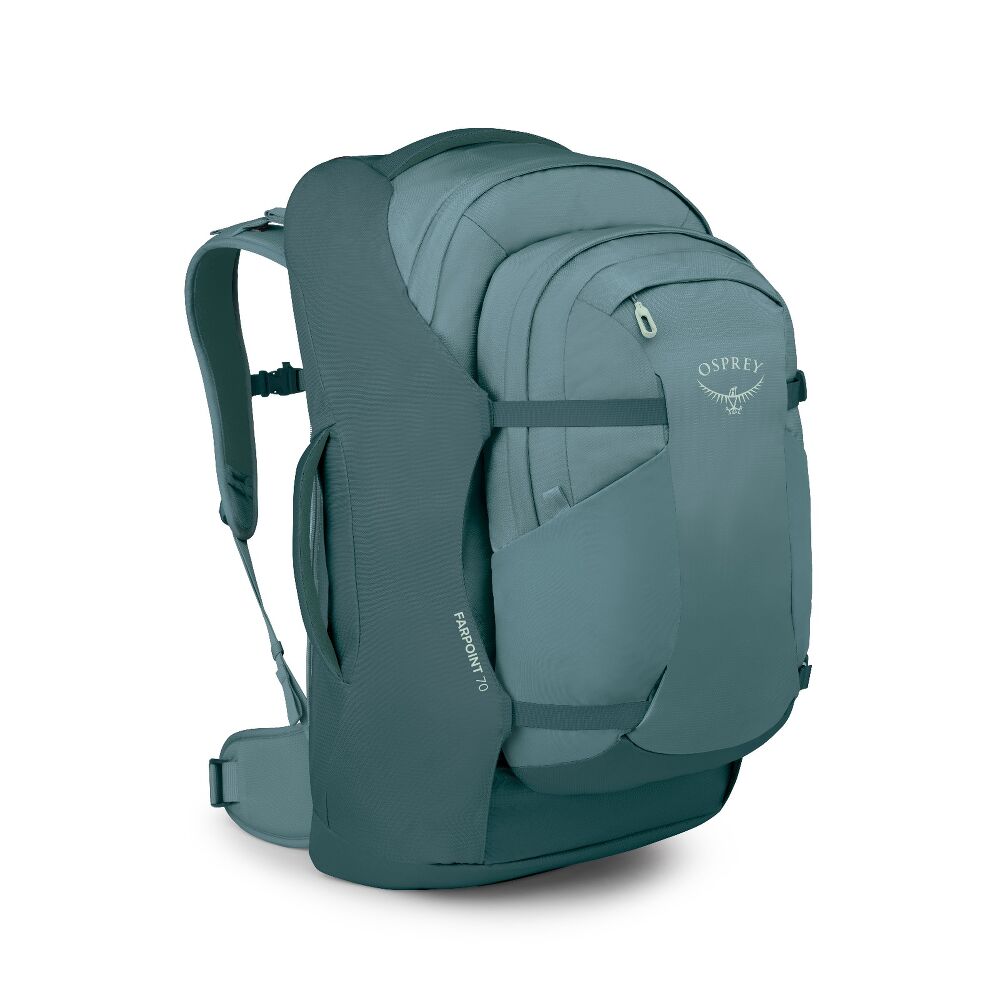 Teal backpack with Osprey logo on a white background