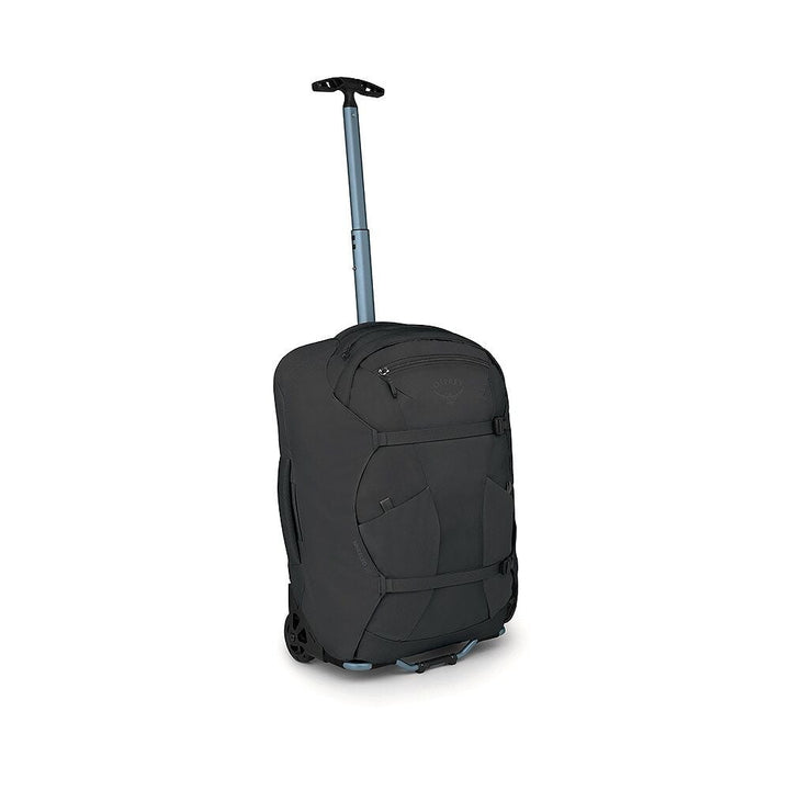 Black rolling suitcase on a white background
