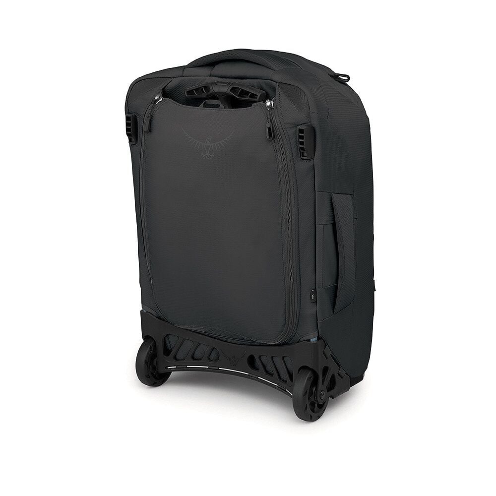Black rolling suitcase on a white background