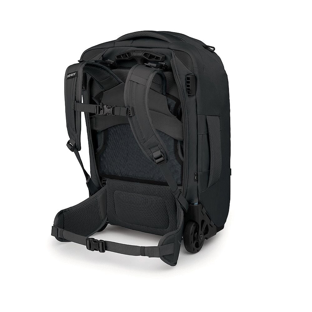 Black backpack with hip belt on a white background