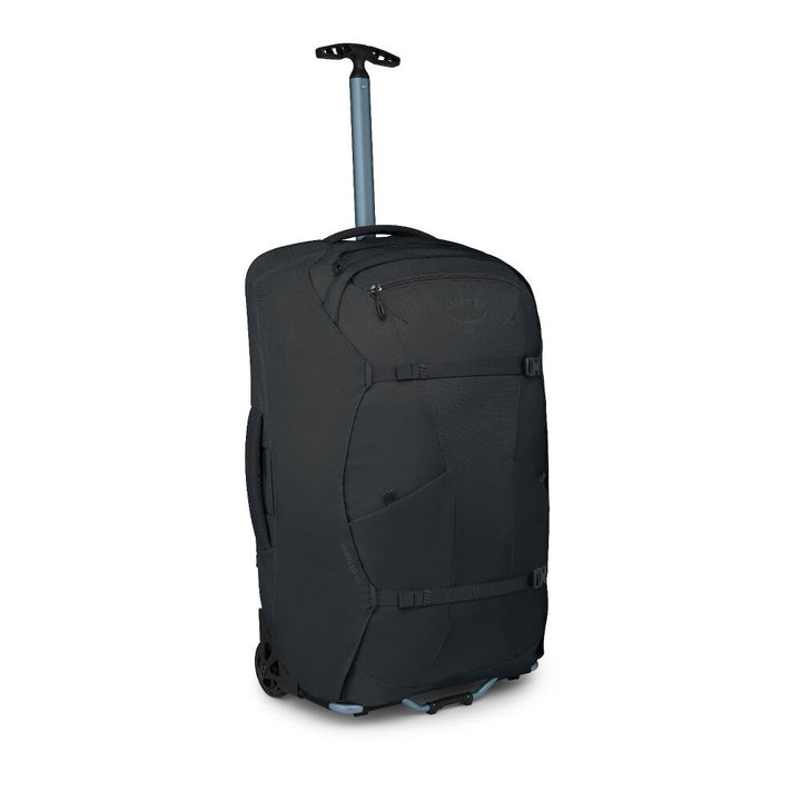Black rolling suitcase on a white background