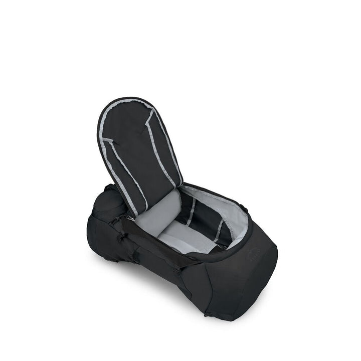 Black backpack with open front zip on a white background