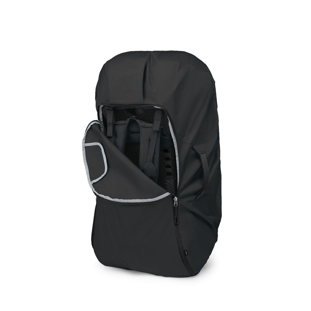 Black backpack with strap cover on a white background