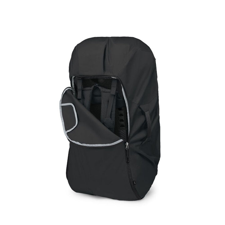 Black backpack with strap cover on a white background