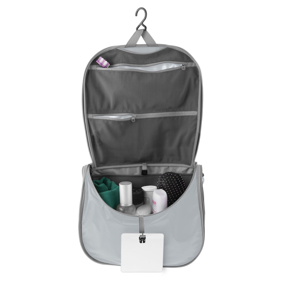 Grey hanging toiletry bag with compartments and hook