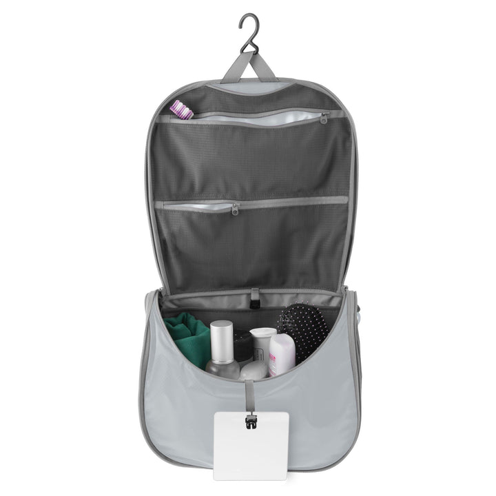 Grey hanging toiletry bag with compartments and hook