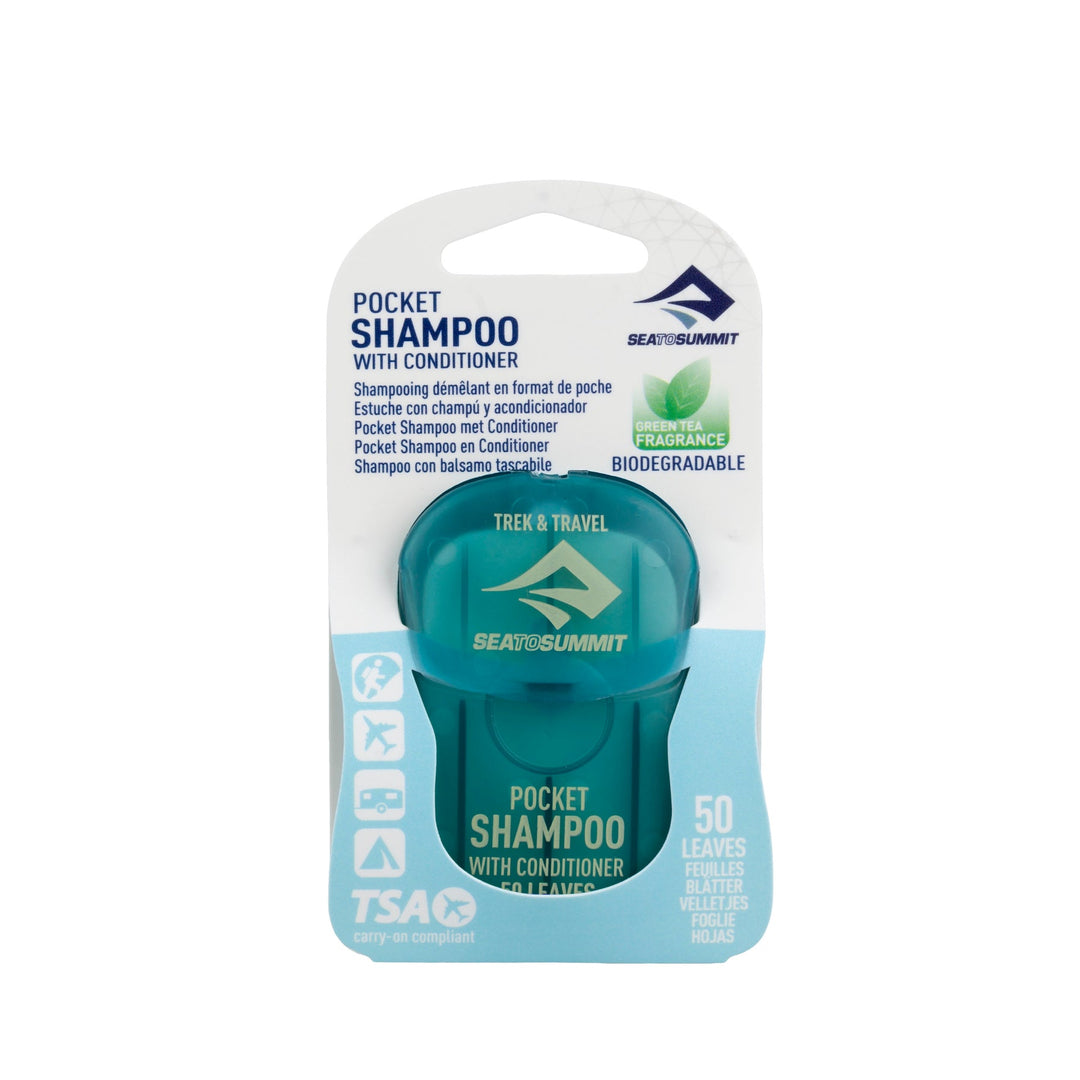 Teal pocket shampoo container with packaging on a white background