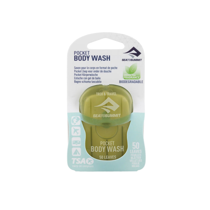 Green pocket body wash with packaging on a white background