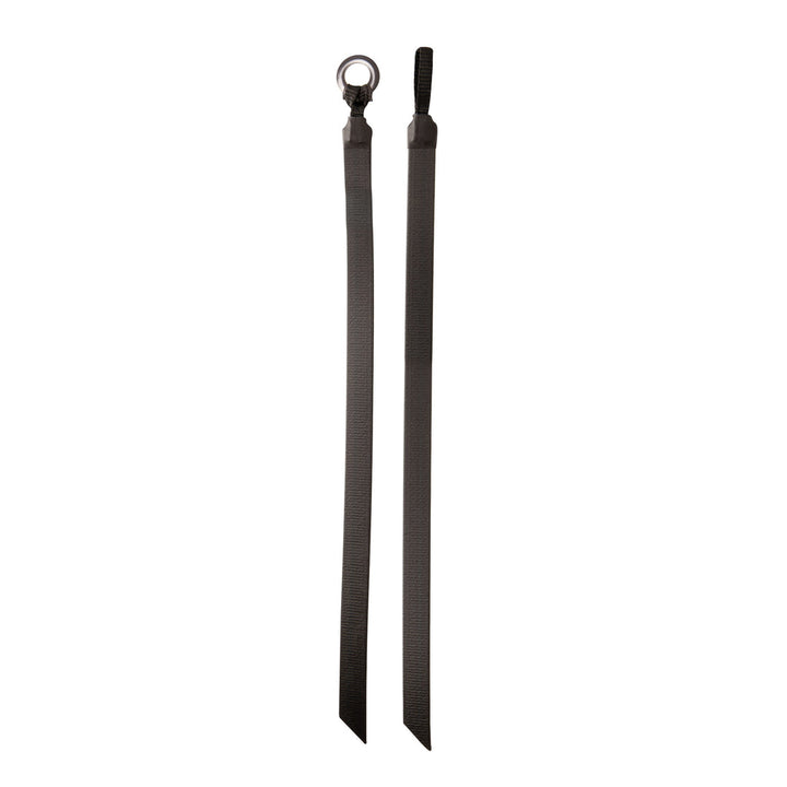 Two black straps, one with a ring at one end, the other a loop