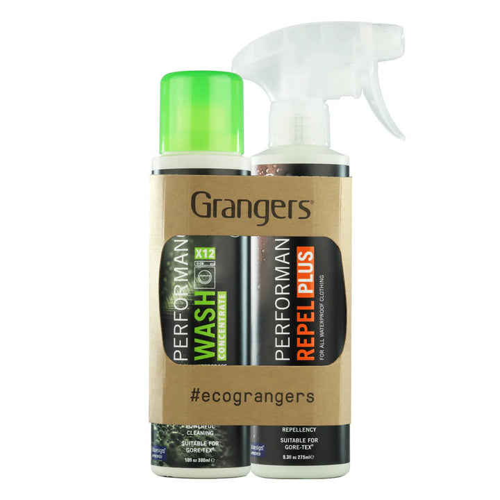 Two bottles of Grangers Performance Wash and Repel Plus on a white background