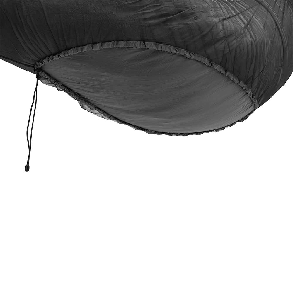 Close-up of a black sleeping bag with mesh around it and a drawstring on a white background