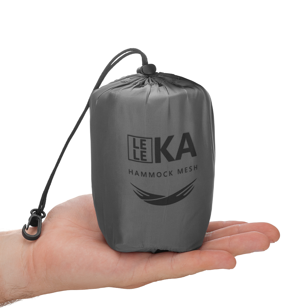 Le Le Ka hammock mesh packaging held in a hand on a white background