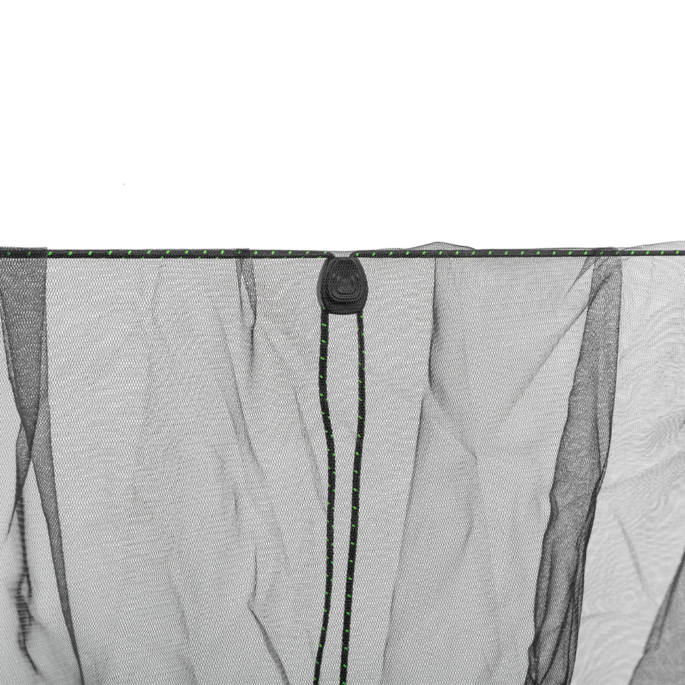 Close-up of a black mesh fly fishing net with a black cord and a black plastic toggle, suspended against a white background.