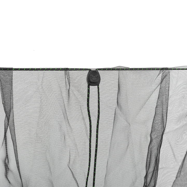 Close-up of a black mesh fly fishing net with a black cord and a black plastic toggle, suspended against a white background.