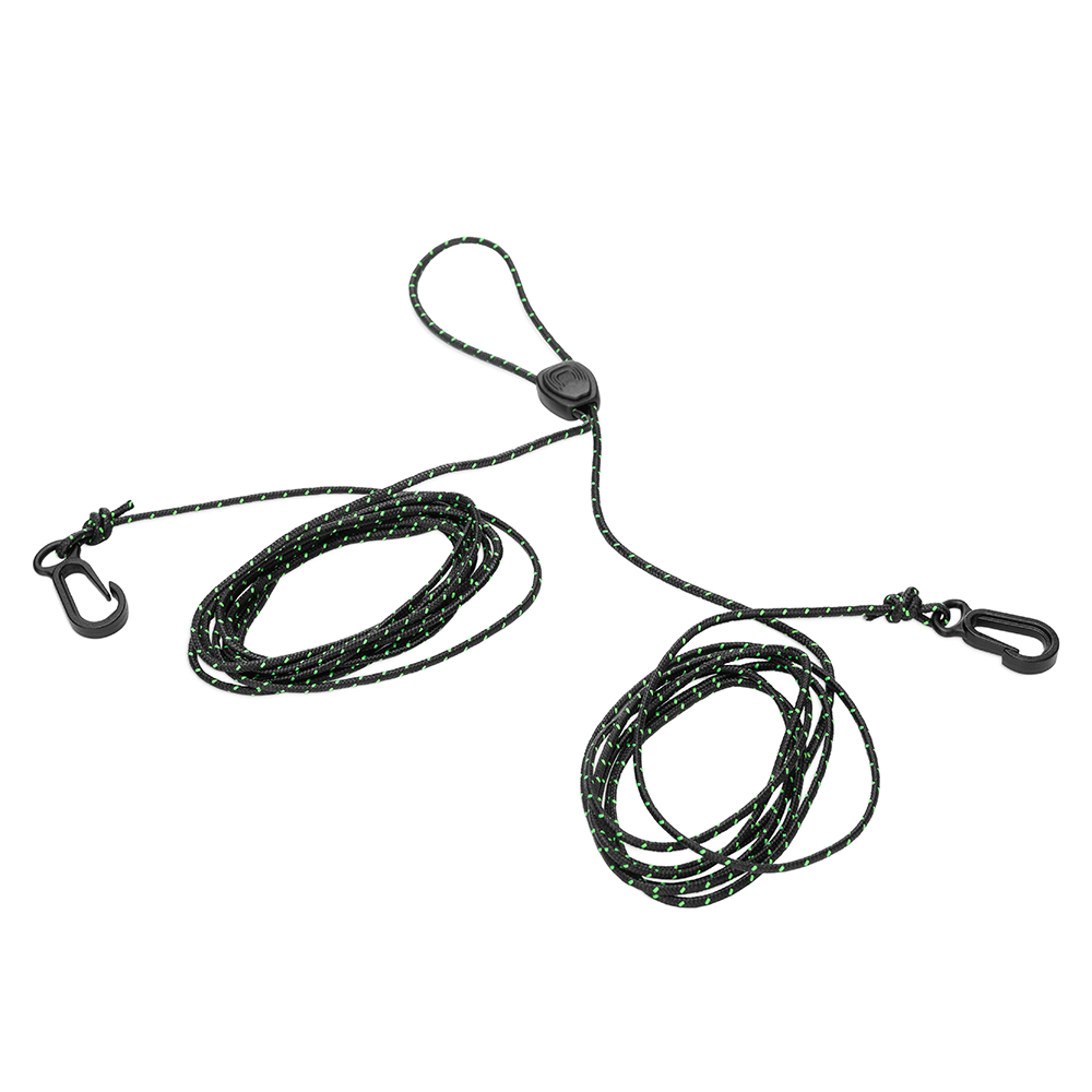 A black and green braided rope leash with a central locking buckle, two coiled sections, and black metal carabiner clips on each end, shown on a plain white background.