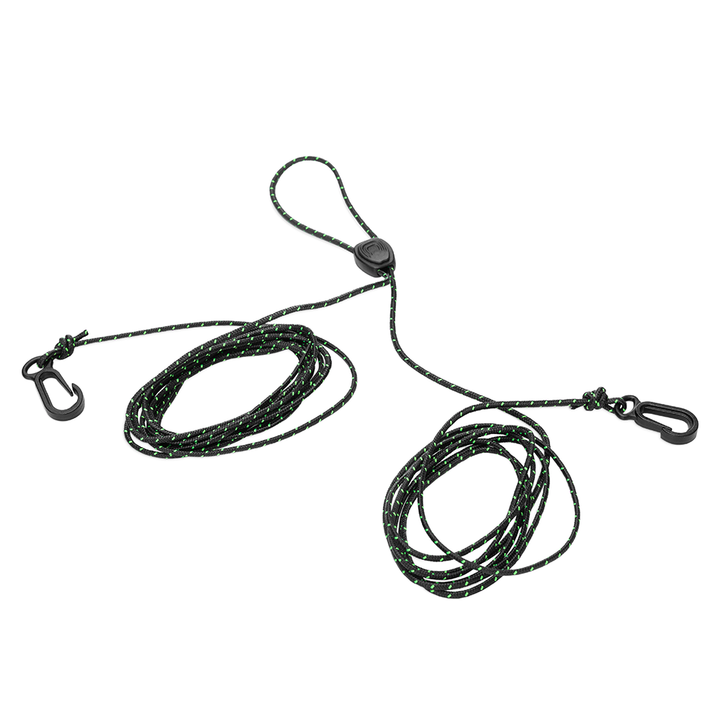 A black and green braided rope leash with a central locking buckle, two coiled sections, and black metal carabiner clips on each end, shown on a plain white background.