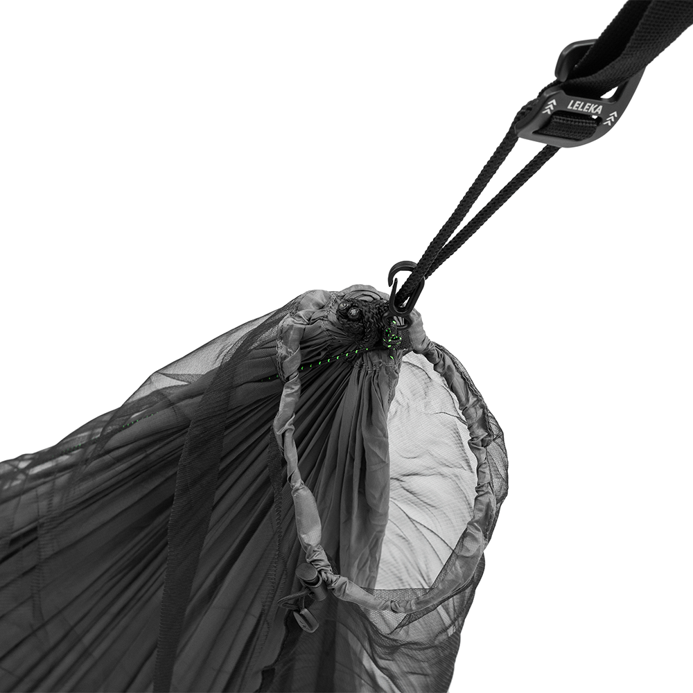 Gray hammock with a black strap labeled &