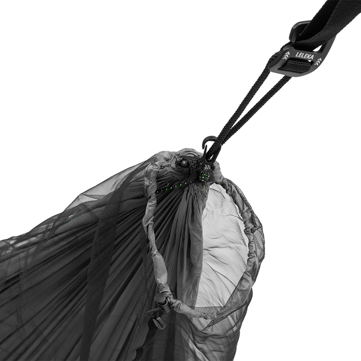 Gray hammock with a black strap labeled &