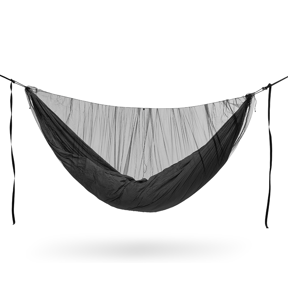 A black hammock with an integrated fine mesh mosquito net canopy, suspended between two black ropes with hanging ties, shown against a plain white background.