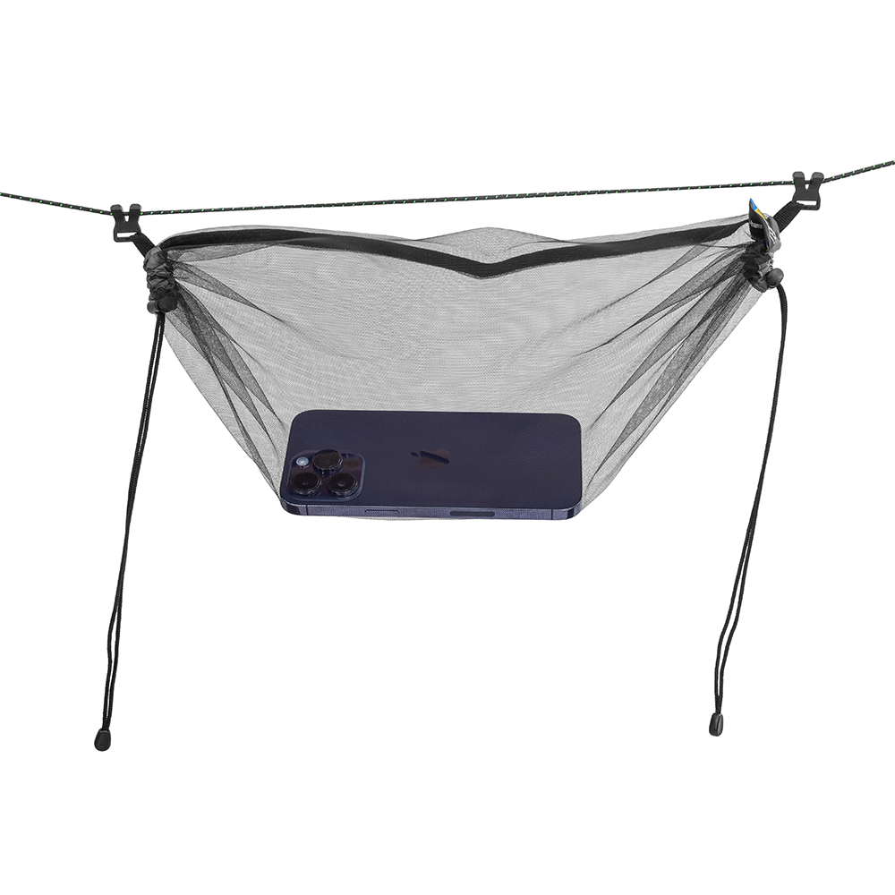 A black mesh phone hang pocket suspended from a rope with black clips and drawstrings, shown holding a dark blue smartphone on a plain white background.