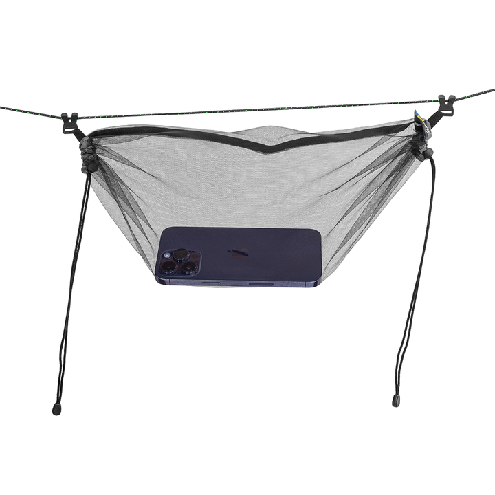 A black mesh phone hang pocket suspended from a rope with black clips and drawstrings, shown holding a dark blue smartphone on a plain white background.