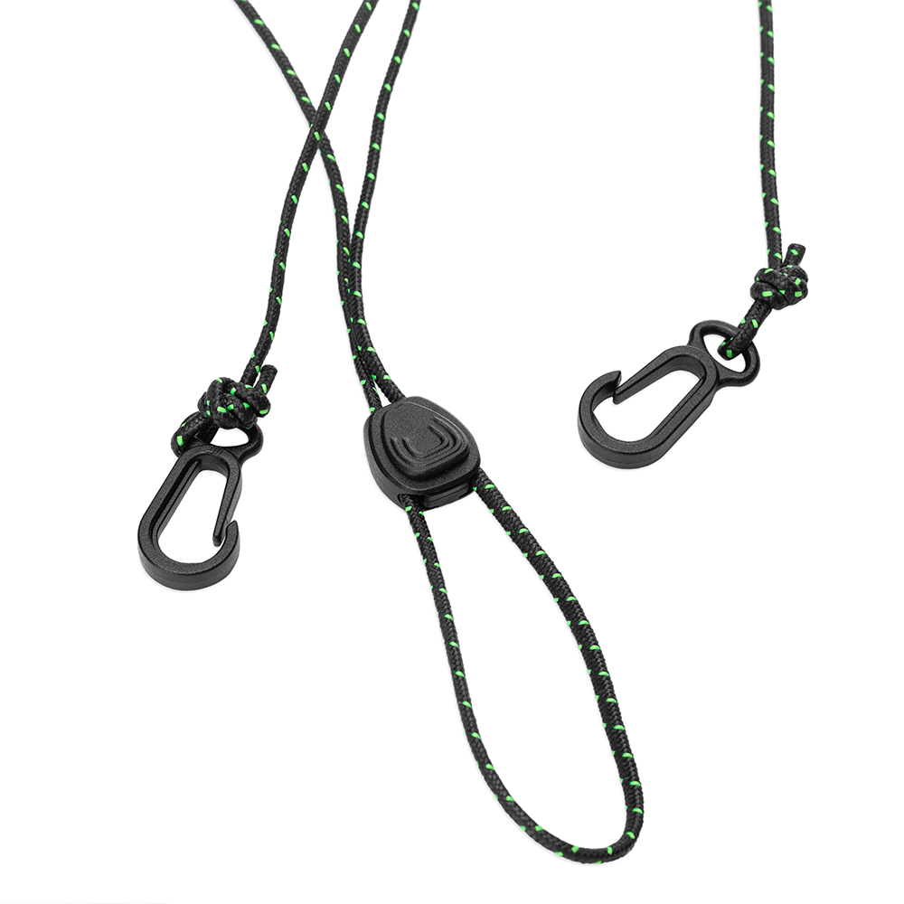 Black lanyard with carabiner on a beige background