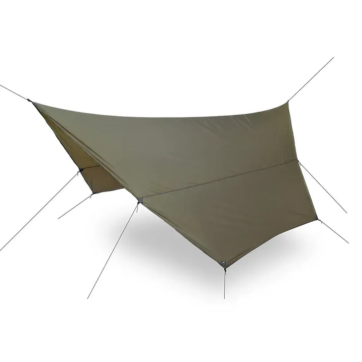 An olive green tarp shelter suspended between four guy lines on a plain white background.