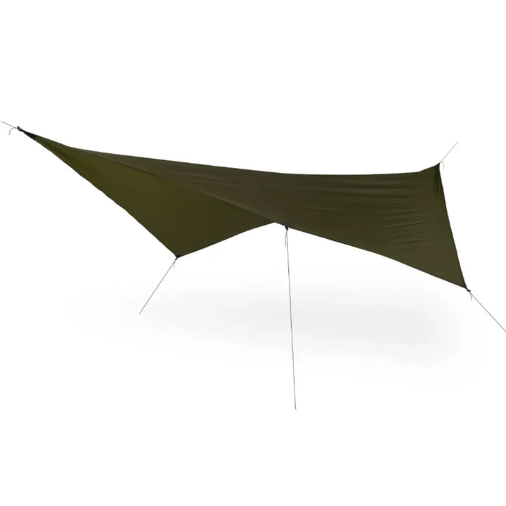 An olive green tarp shelter suspended between two poles with guy lines, shown against a plain white background.