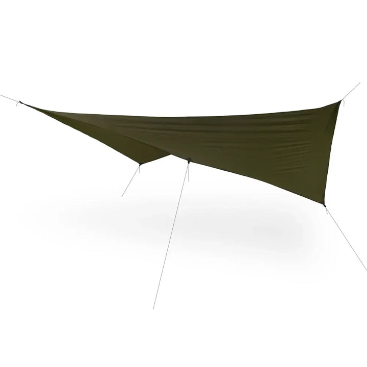 An olive green tarp shelter suspended between two poles with guy lines, shown against a plain white background.