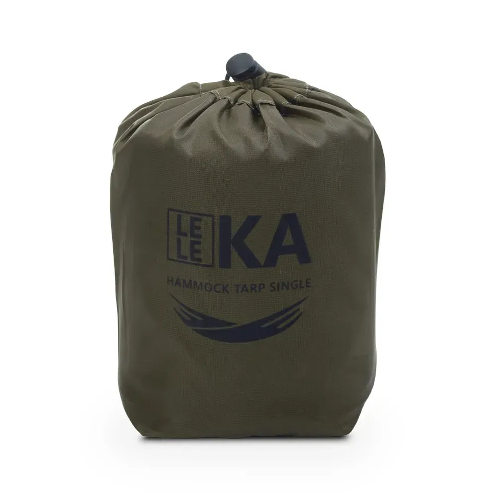 An olive green drawstring storage bag with a black top closure and a dark navy blue printed logo reading &