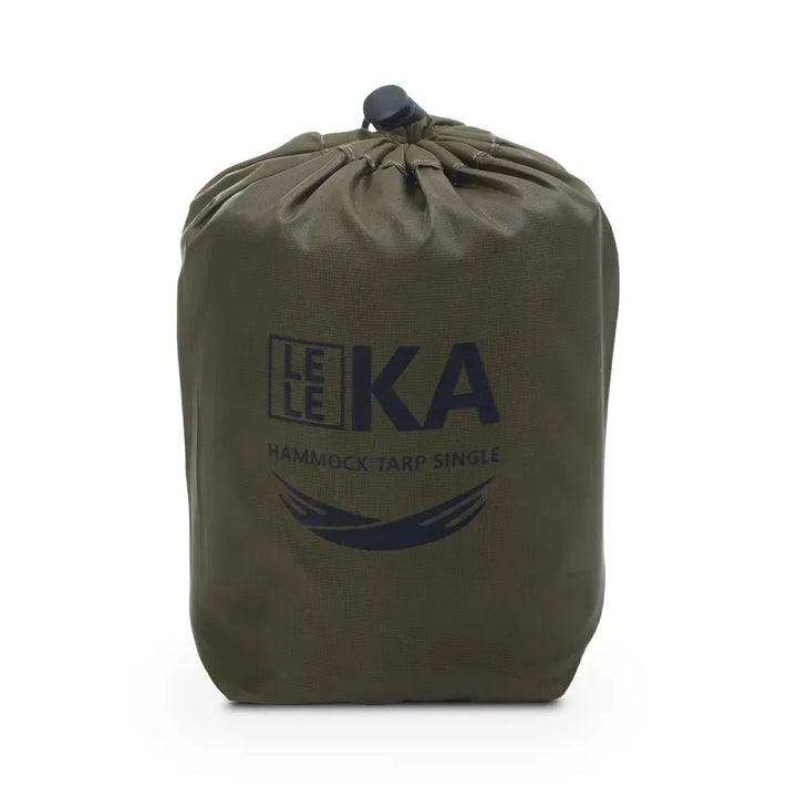 An olive green drawstring storage bag with a black top closure and a dark navy blue printed logo reading &