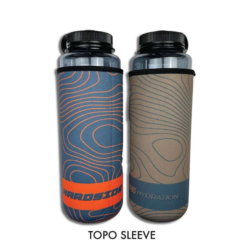 Two water bottles with different patterned sleeves on a white background