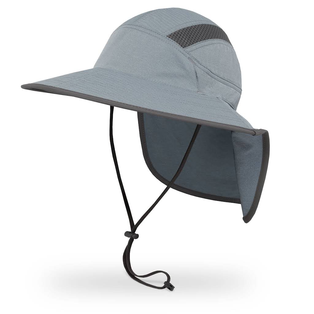 Gray sun hat with a chin strap on a white background